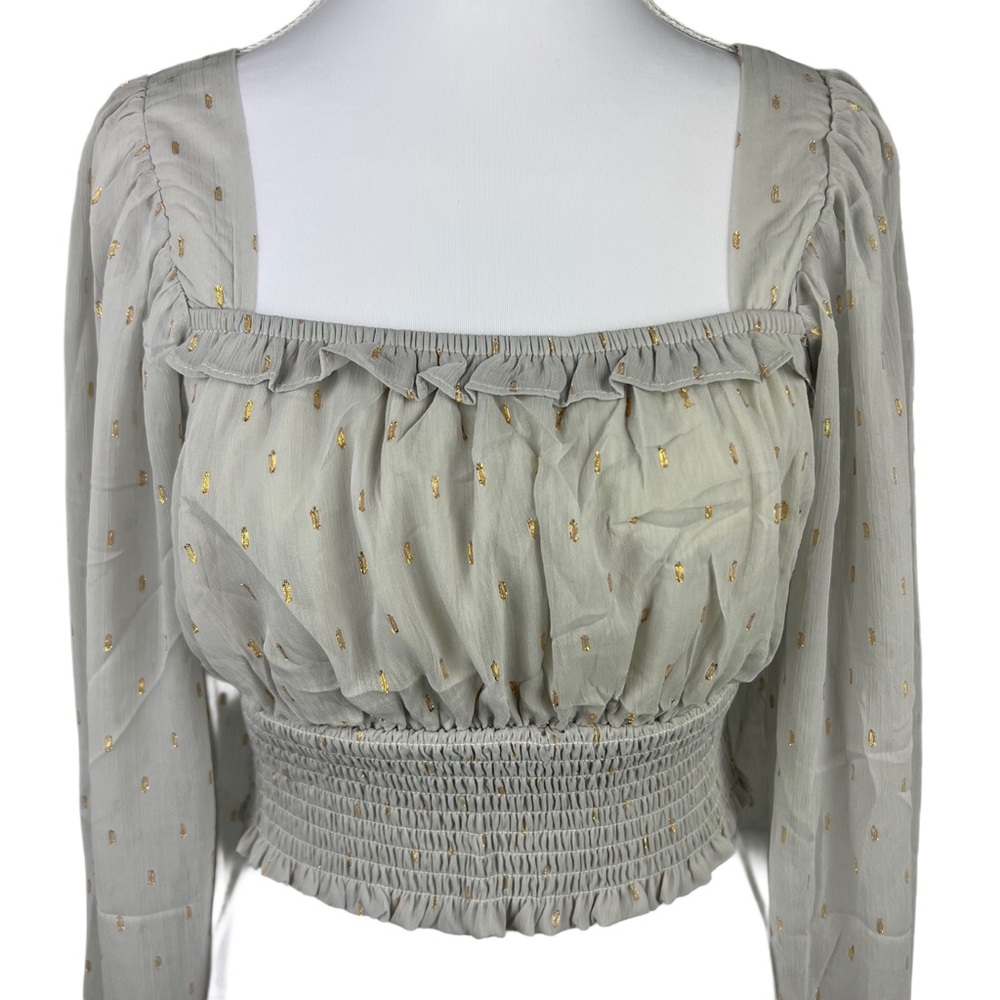 By The River Smocked Crop Top Small Square Neck Puff Sleeve Blouse Gray Gold Dot - Picture 3 of 6
